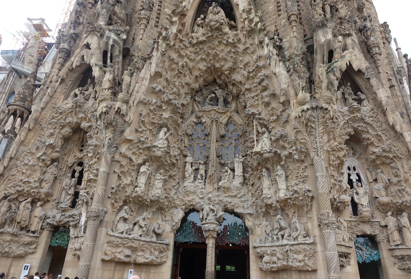 The sculpted Nativity facade of Sagrada Familia in Barcelona.